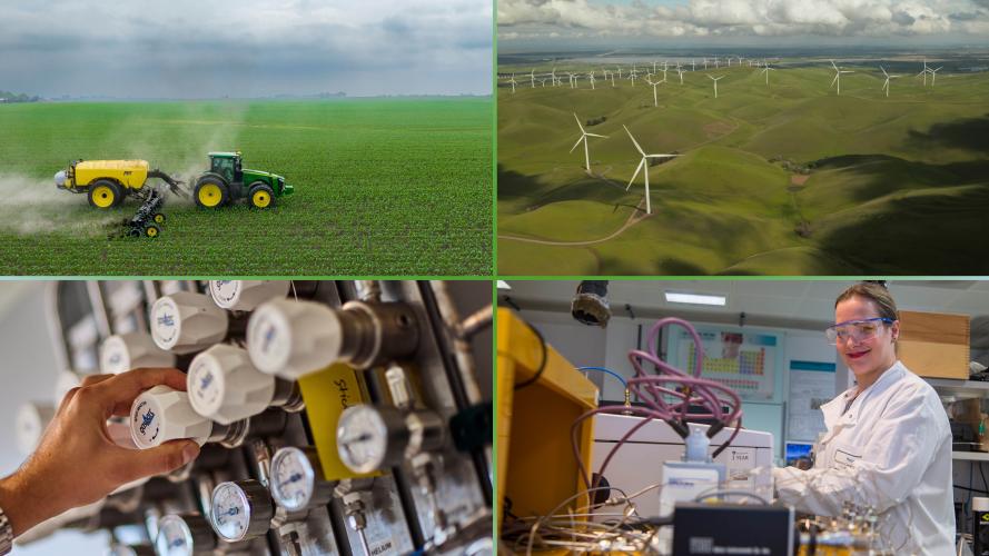 photos of tractor, wind turbines and researcher in lab representing Phase III themes