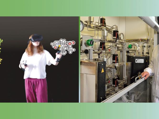 Photo of phd student wearing vr and researcher in lab 