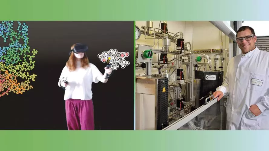 Photo of phd student wearing vr and researcher in lab 